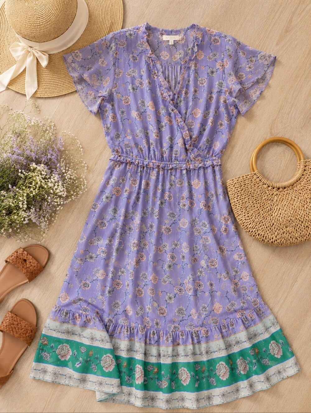 Lavender Floral Romantic Ruffle Dress Cottagecore Midi Flutter Sleeve XL